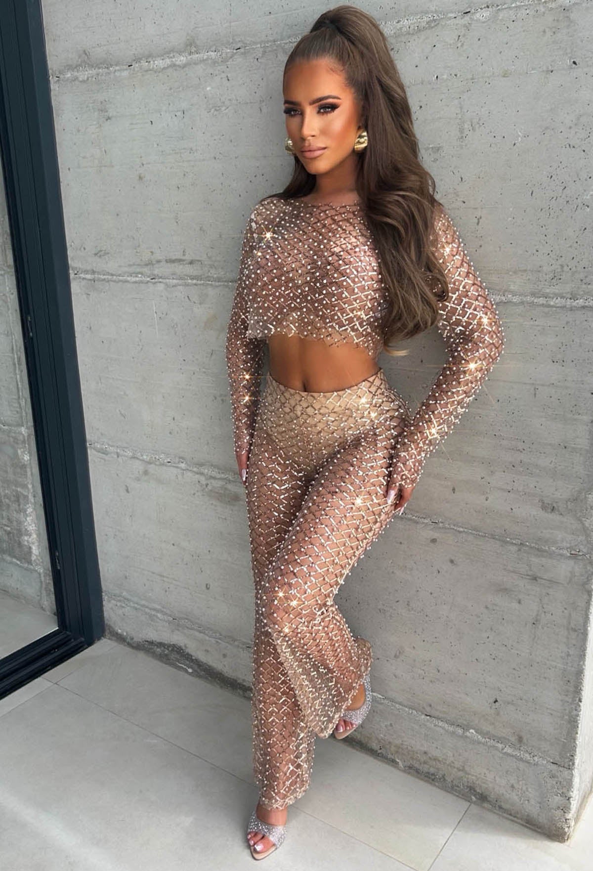 Rose Gold Sequin Pearl Mesh Top