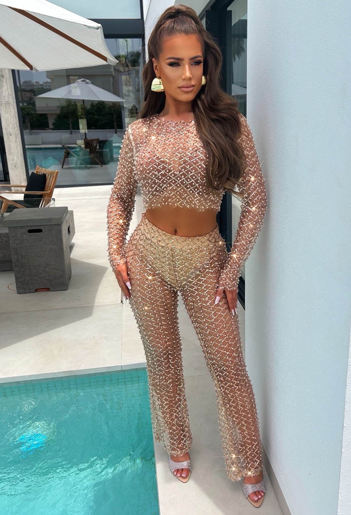 Rose Gold Sequin Pearl Mesh Top